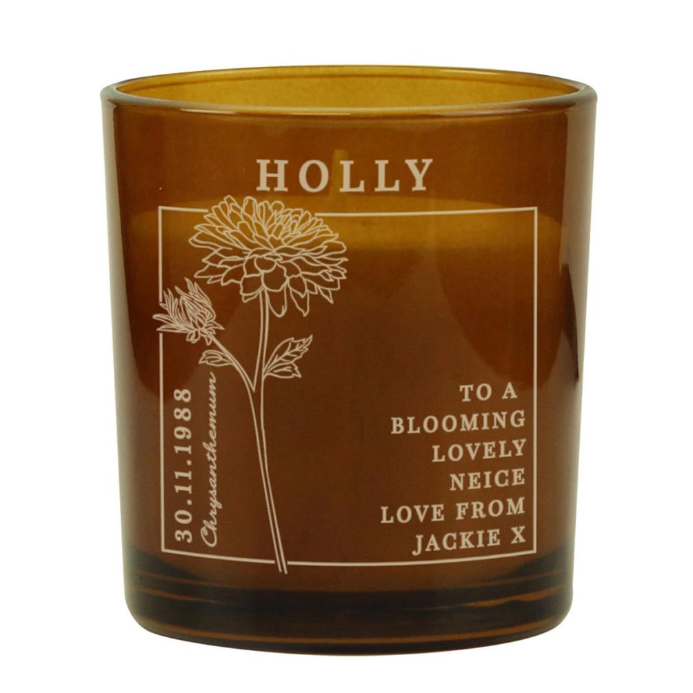 Personalised November Chrysanthemum Birth Flower Amber Glass Jar Candle £8.99